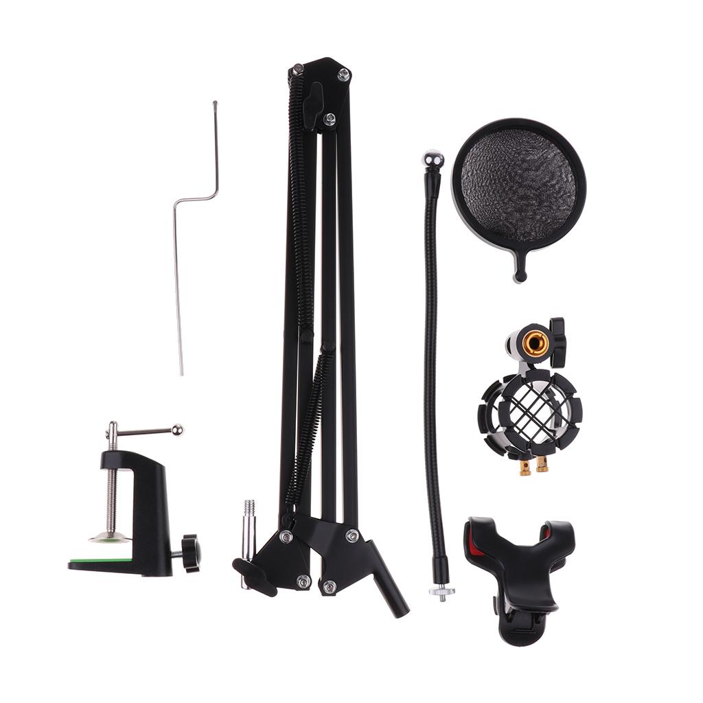 Microphone Suspension Arm Stand&Phone Holder& Pop Filter&Shock Mount Black