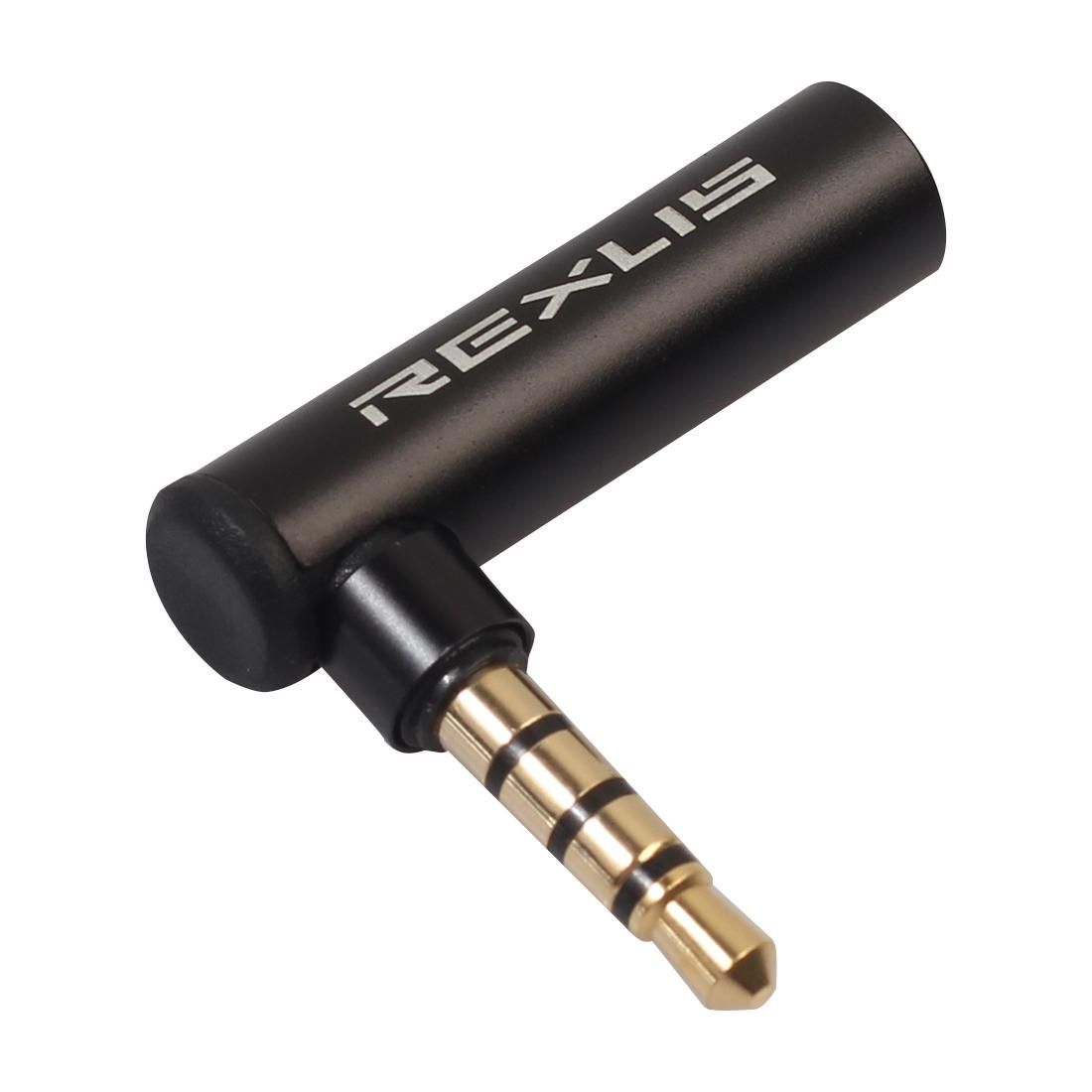 REXLIS BK3567-1 3.5mm Male + 3.5mm Female L-shaped 90 Degree Elbow Gold-plated Plug Black Audio Interface Extension Adapter for 3.5mm Interface Devices, Support Earphones with Microphone