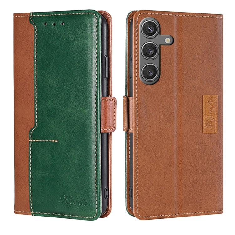 For Samsung Galaxy S24 5G Contrast Color Side Buckle Leather Phone Case(Light Brown + Green)