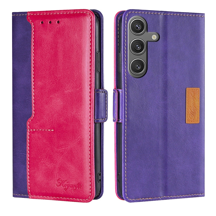 For Samsung Galaxy S24 5G Contrast Color Side Buckle Leather Phone Case(Purple + Rose Red)