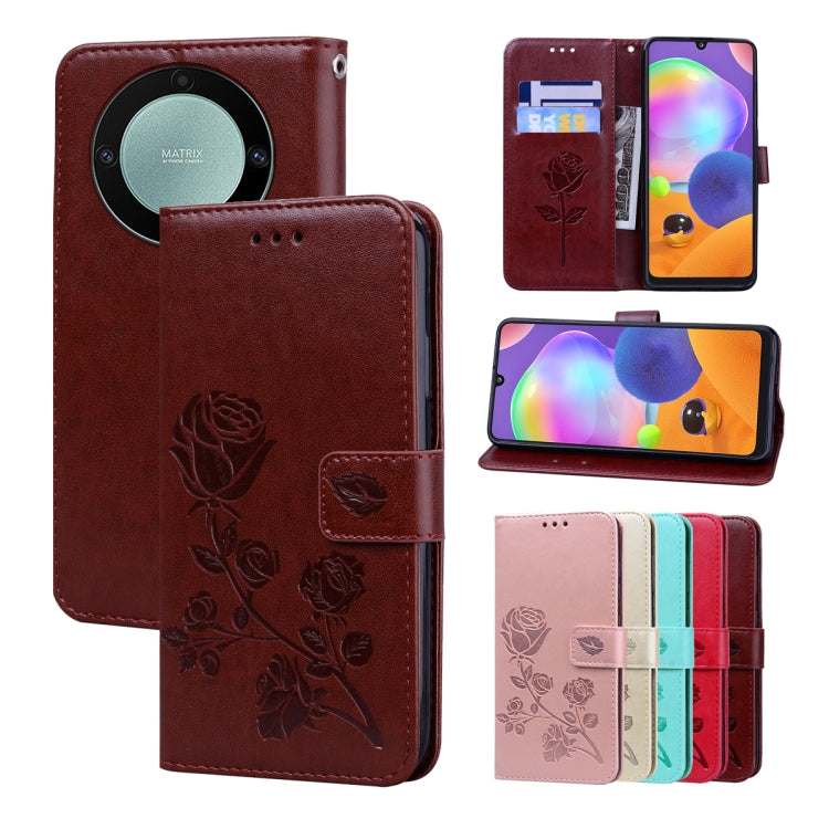 For Honor X9a / Magic 5 Lite Rose Embossed Flip PU Leather Phone Case(Brown)