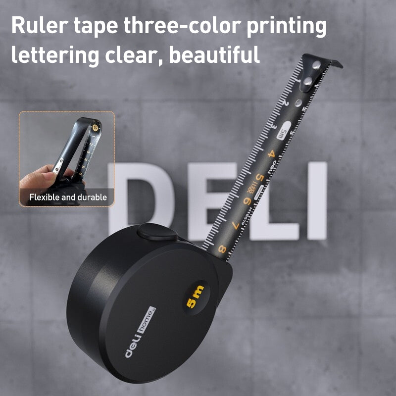 DELI High Precision Self-Locking Measuring Tape Household Woodworking Plumber Steel Ruler - Black / 5m