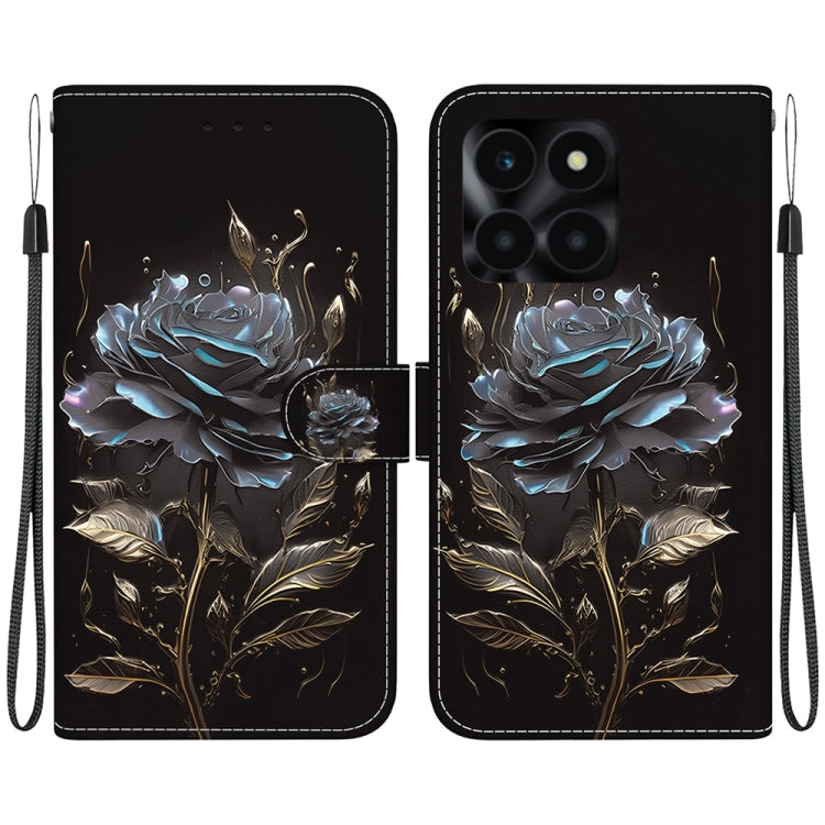 For Honor X6a Crystal Texture Colored Drawing Leather Phone Case(Black Rose)