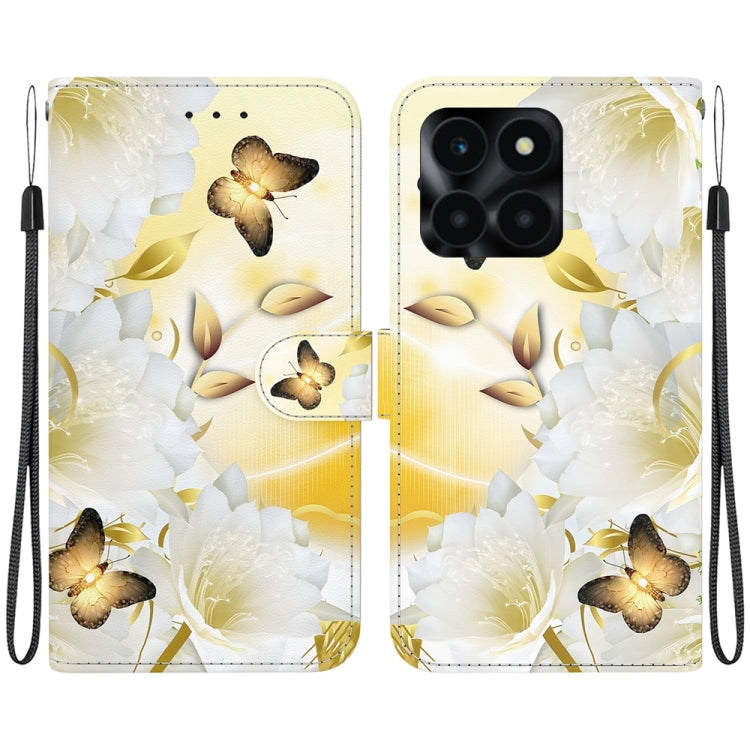 For Honor X6a Crystal Texture Colored Drawing Leather Phone Case(Gold Butterfly Epiphyllum)