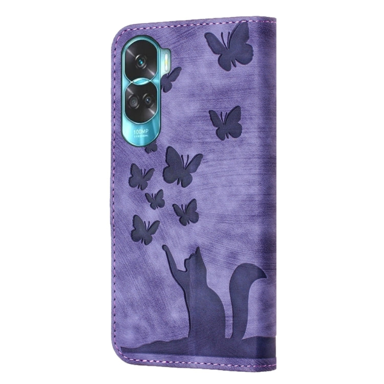 For Honor 90 Lite / X50i Butterfly Cat Embossing Flip Leather Phone Case(Purple)