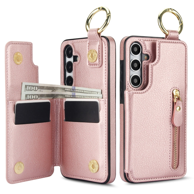 For Samsung Galaxy S24 5G Litchi Texture Zipper Double Buckle Card Bag Phone Case(Rose Gold)