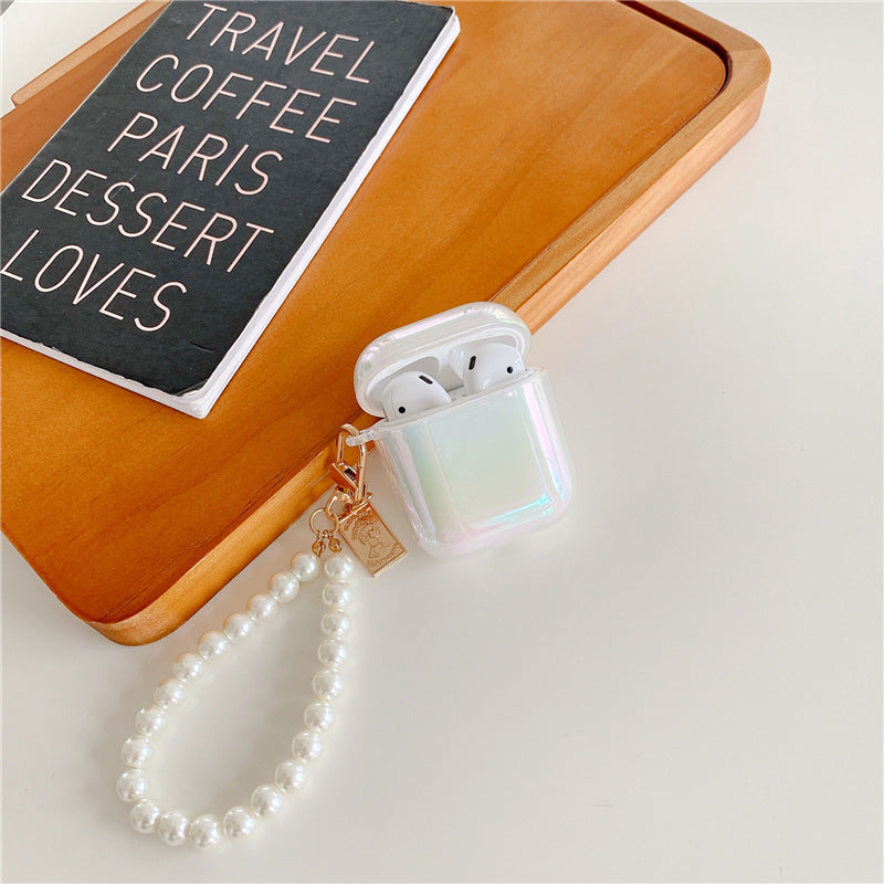 Uniqkart Suitable for Airpods 1/2 Pro Generation Laser Luxury Headphone Protective Cover Transparent Comet White + Pearl Chain