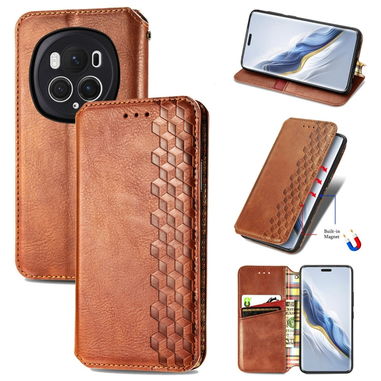 For Honor Magic6 Pro Cubic Grid Pressed Magnetic Leather Phone Case(Brown)