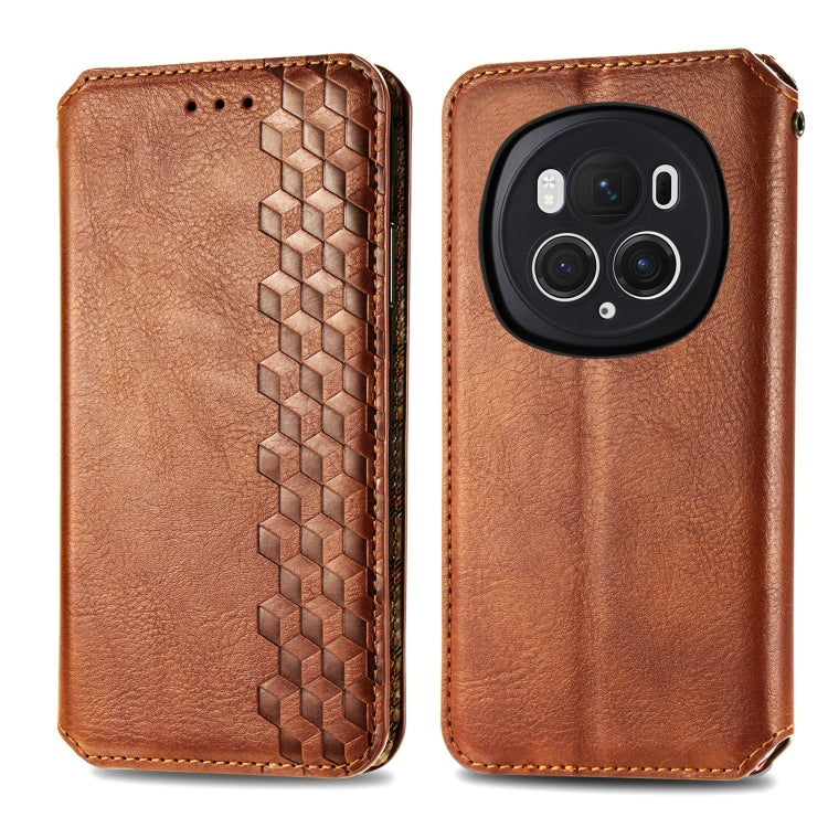 For Honor Magic6 Pro Cubic Grid Pressed Magnetic Leather Phone Case(Brown)