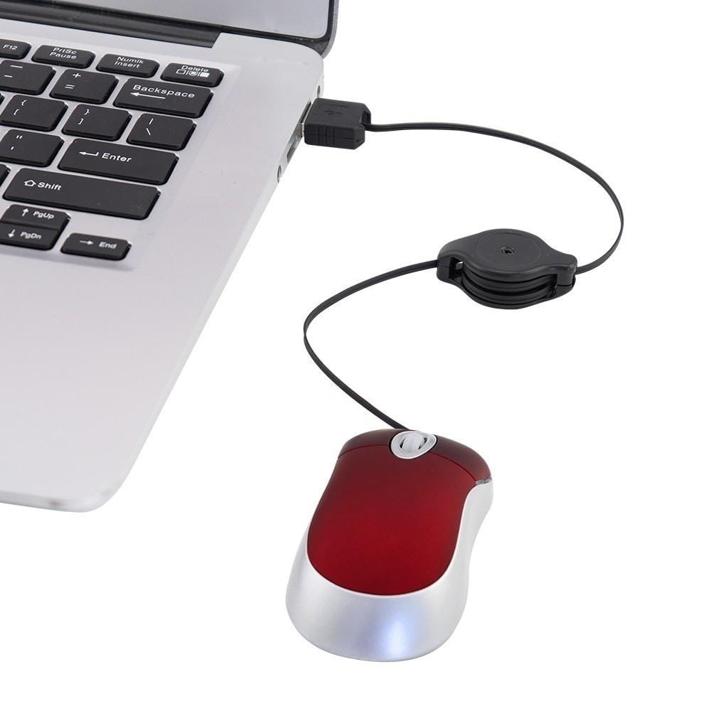 Mini Computer Mouse Retractable USB Cable Optical Ergonomic1600 DPI Portable Small Mice for Laptop (Red)