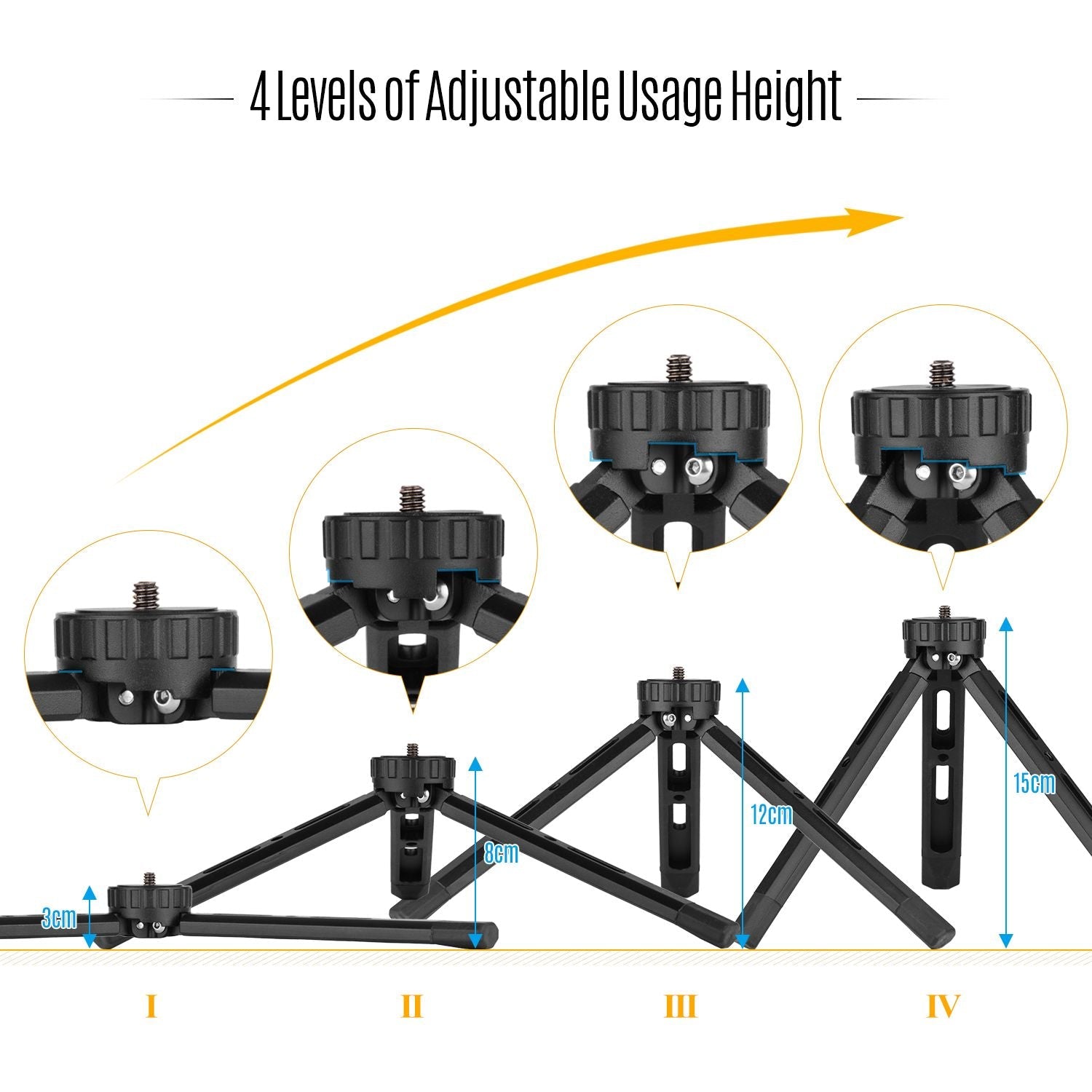 Desktop Metal Tripod Stand 1/4 inch Screw 4 Levels