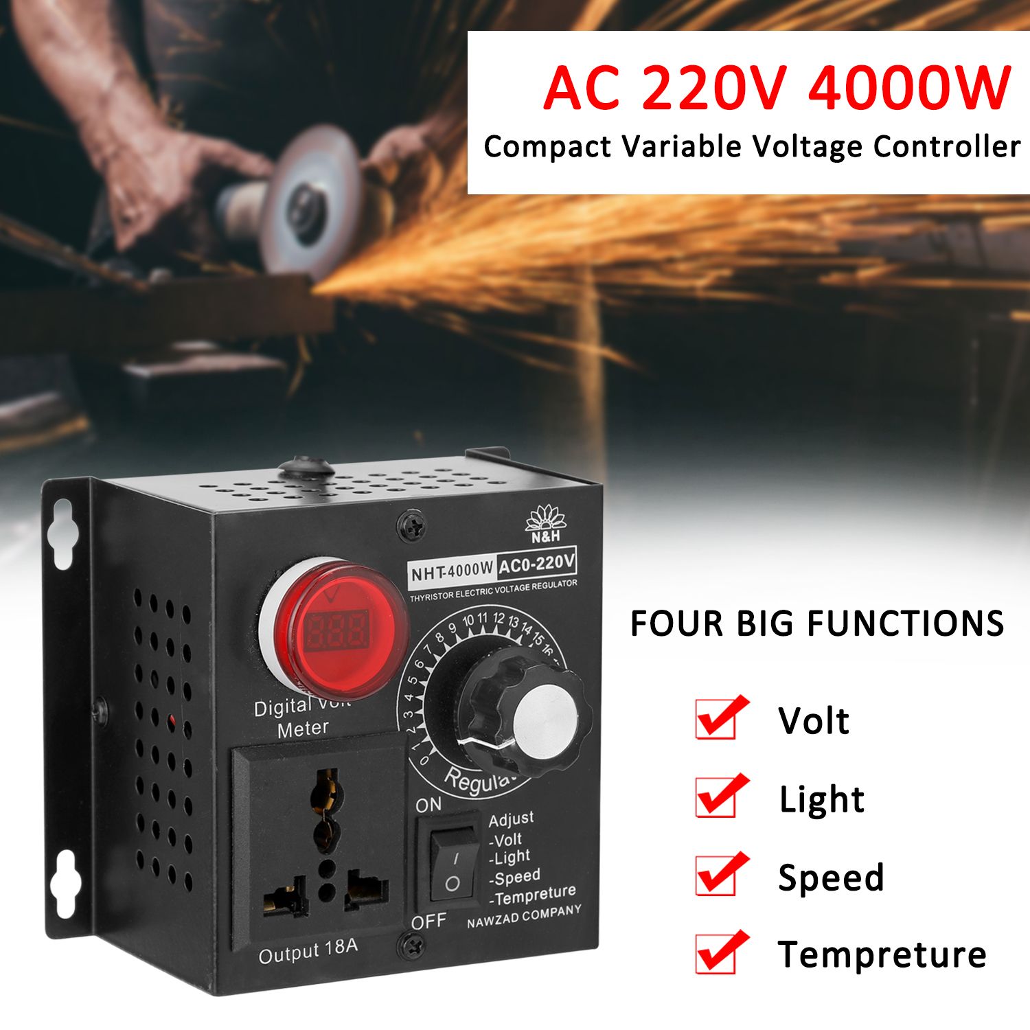 AC 220V 4000W Compact Variable Voltage Controller Portable - EU Plug