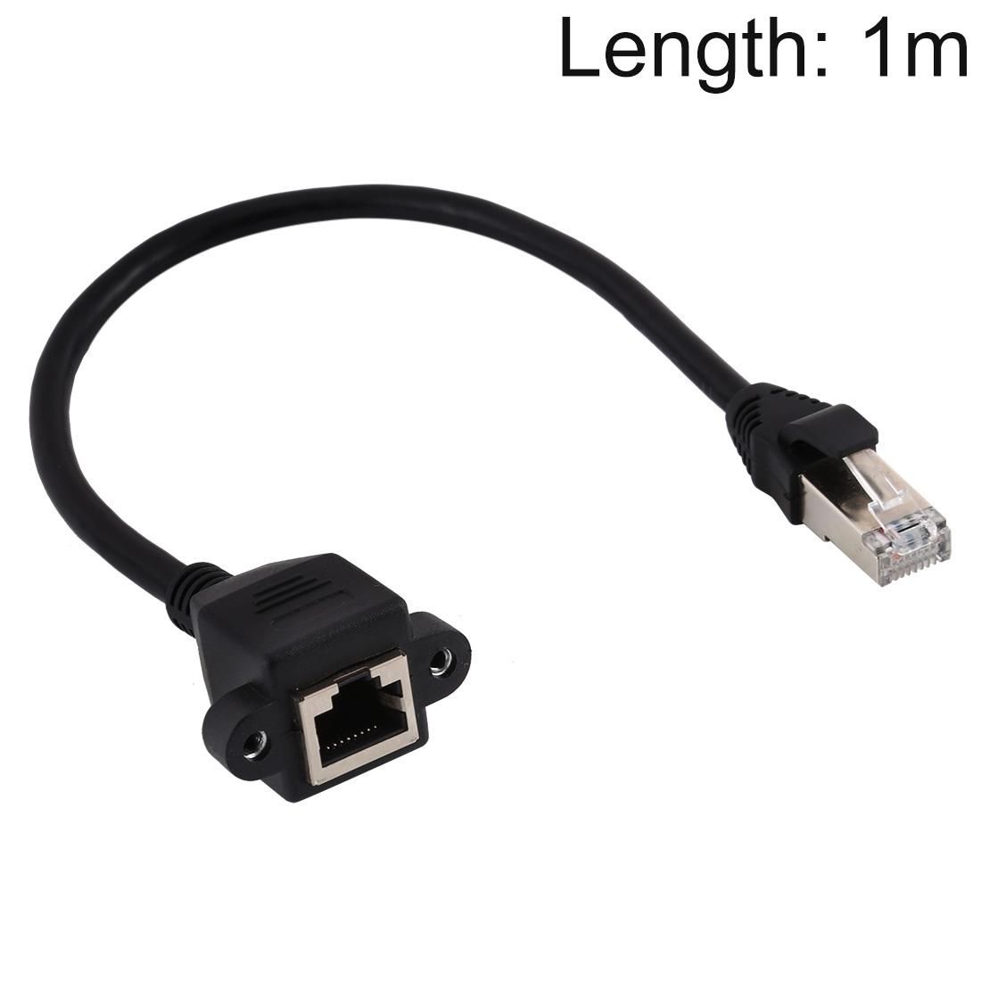 RJ45 Female to Male CAT5E Network Panel Mount Screw Lock Extension Cable, Length: 1m (Black)