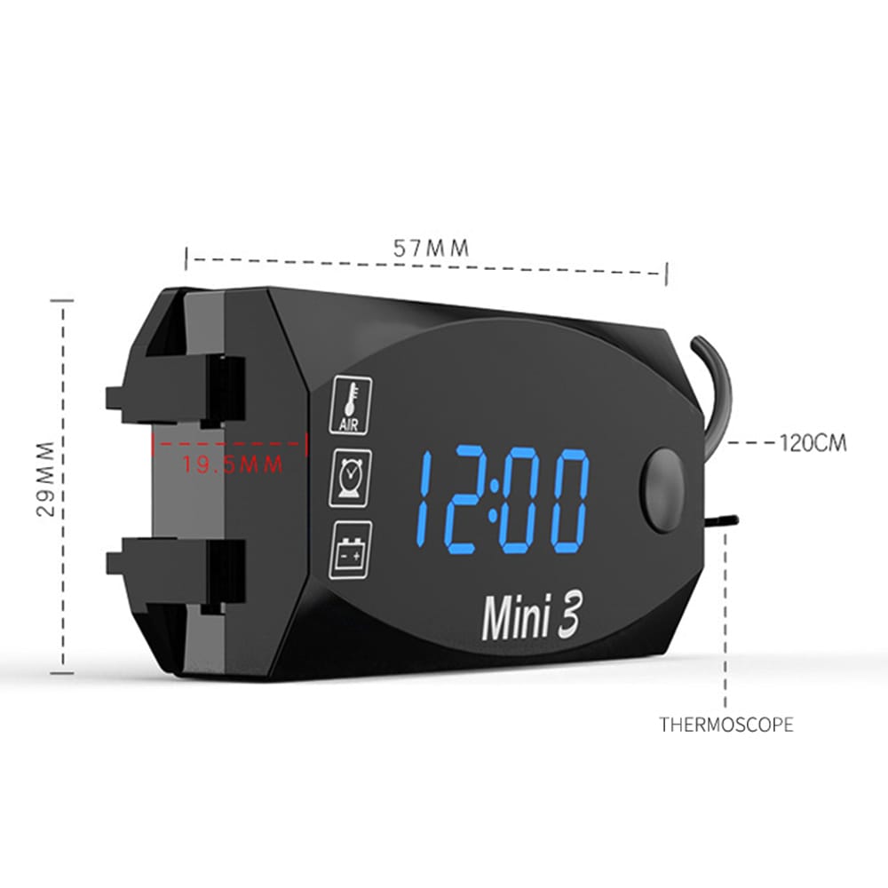 Motorcycle DC 6V-30V 3 In 1 Digital Time Clock + Thermometer - Blue light