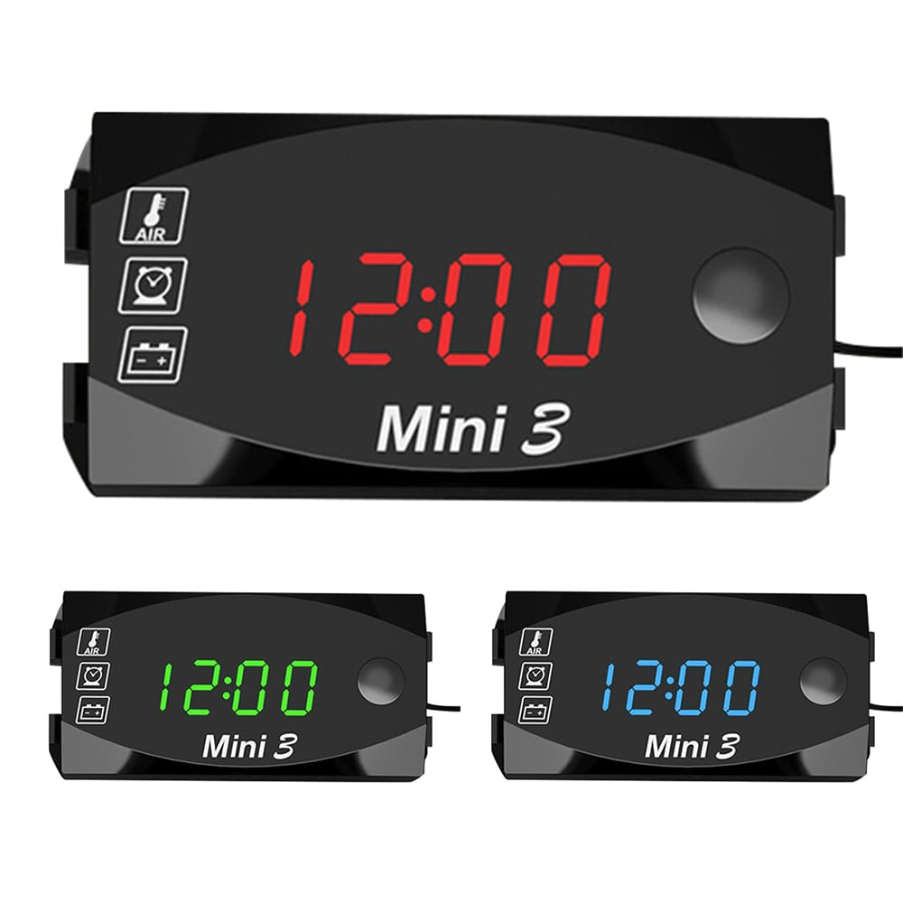 Motorcycle DC 6V-30V 3 In 1 Digital Time Clock + Thermometer - Blue light