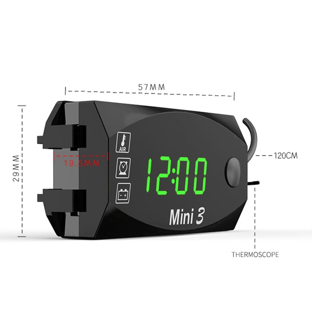 Motorcycle DC 6V-30V 3 In 1 Digital Time Clock + Thermometer - Green light