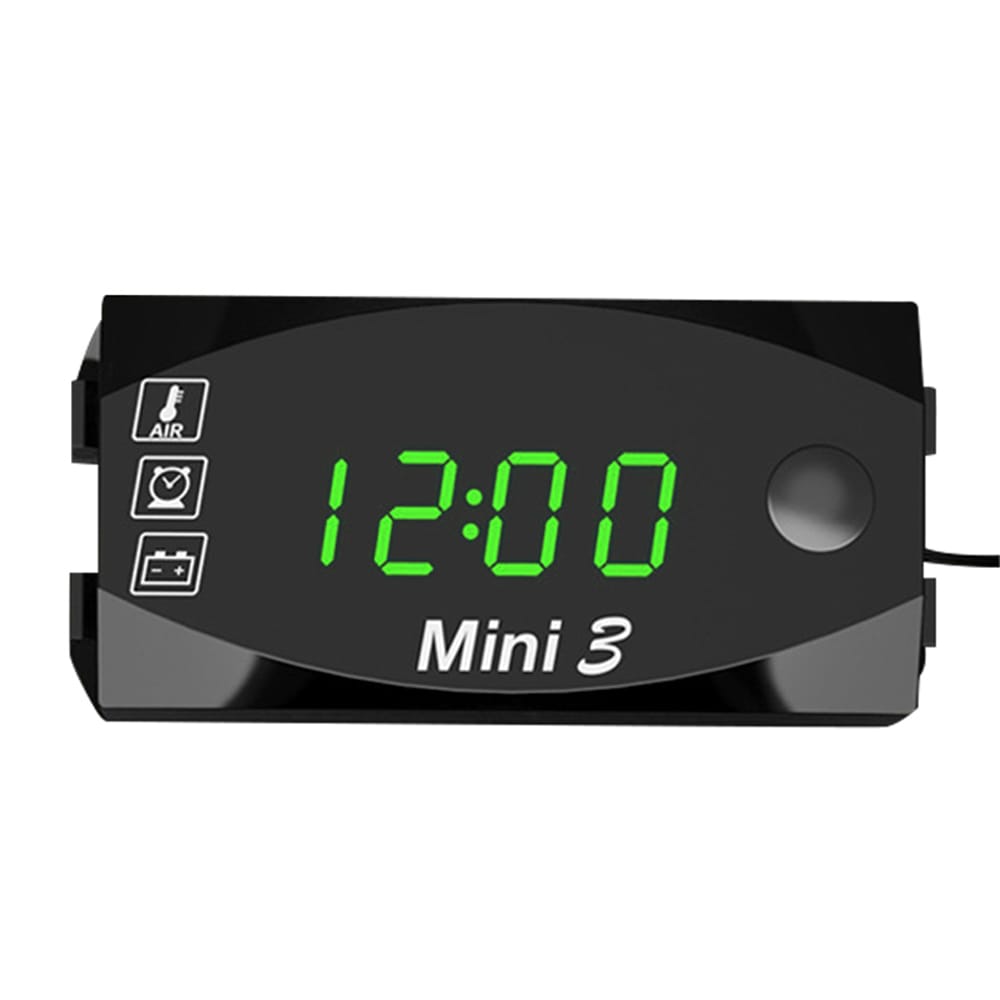 Motorcycle DC 6V-30V 3 In 1 Digital Time Clock + Thermometer - Green light