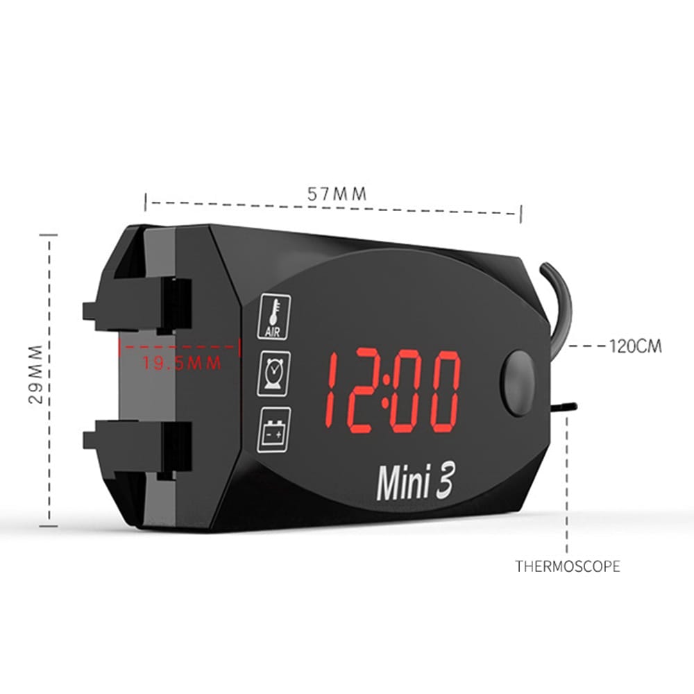 Motorcycle DC 6V-30V 3 In 1 Digital Time Clock + Thermometer - Red light