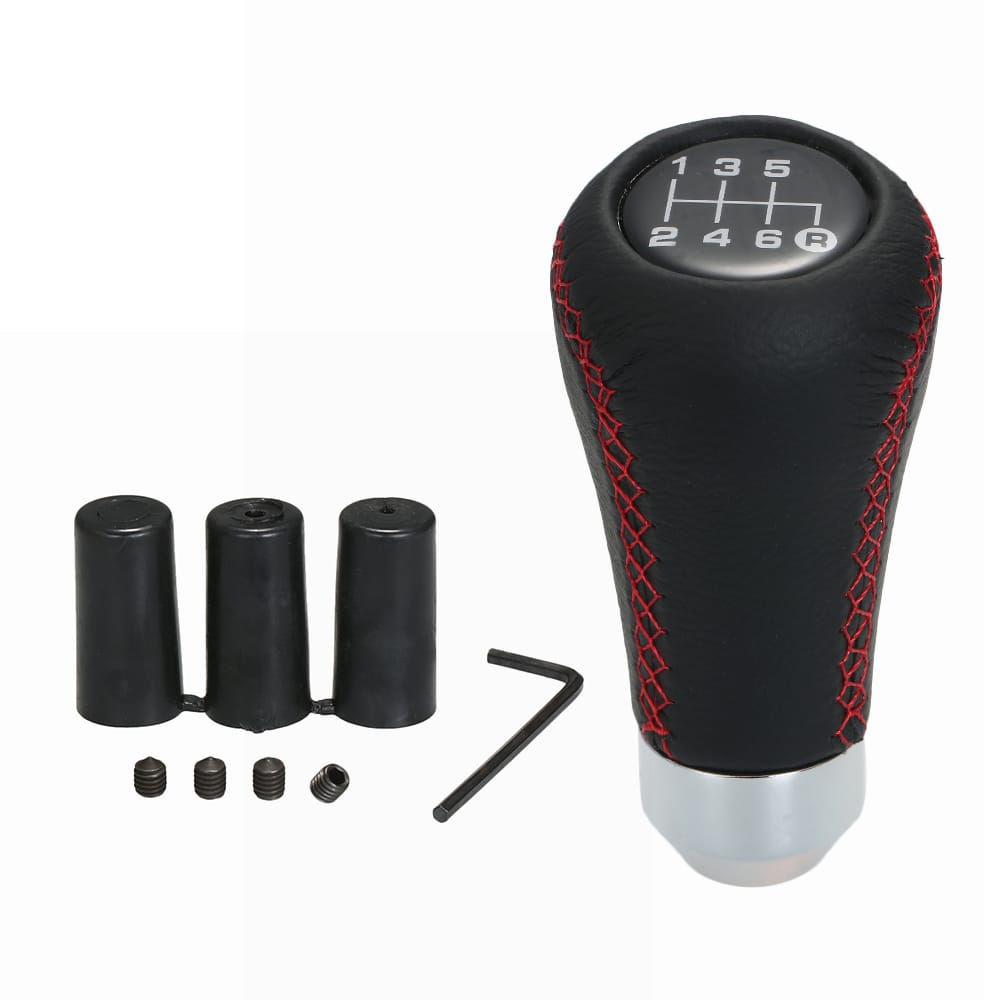 Car Manual Gear Shift Knob Shifter Black Leather Red Stitch - 2