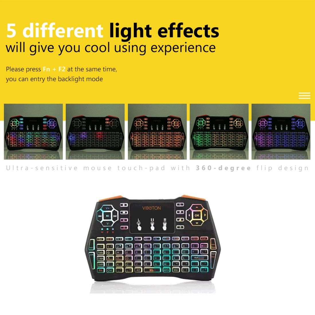 VIBOTON i8 Plus Mini 2.4GHz Wireless 5-Color Backlight Keyboard with Touchpad Mouse