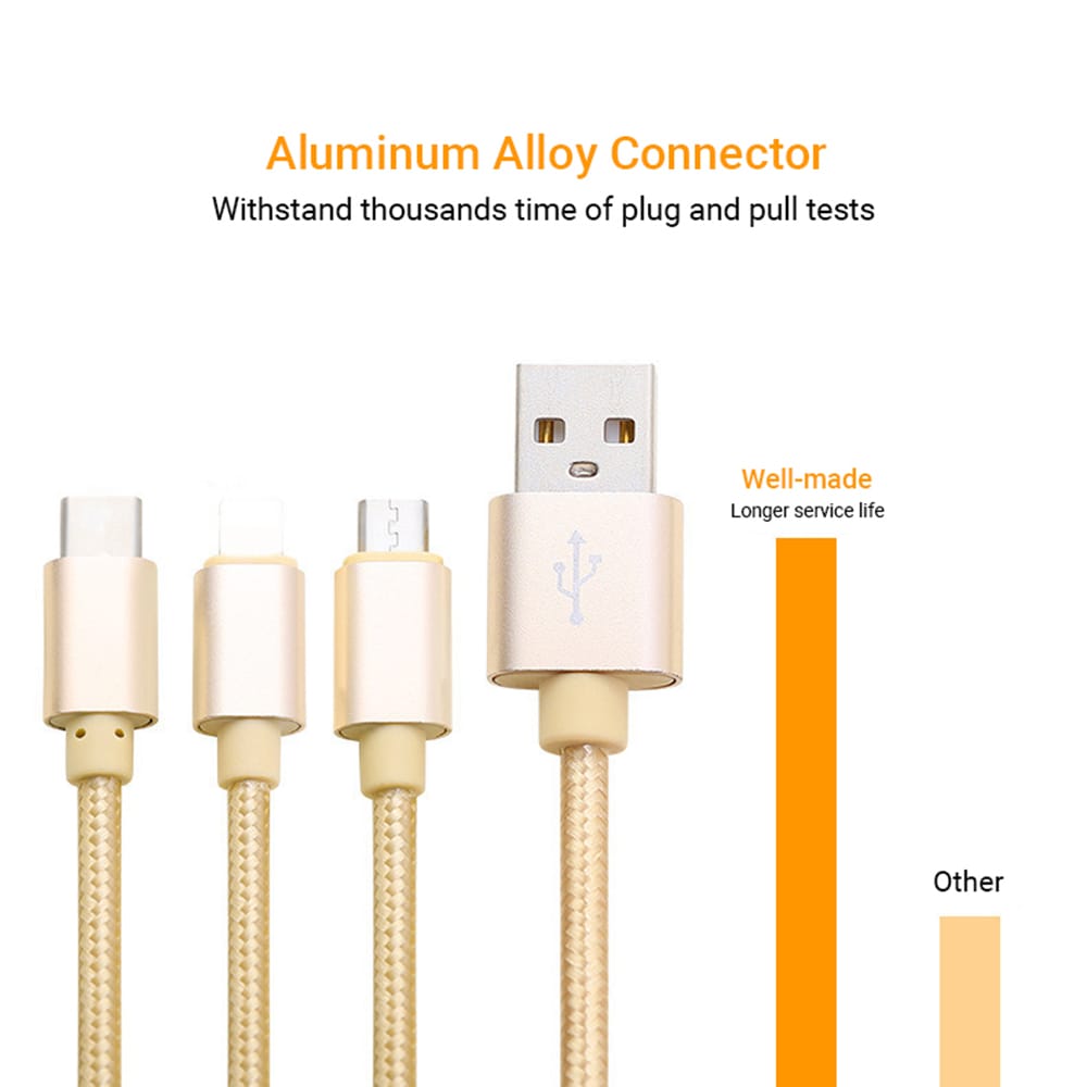 3 in 1 USB Cable Type-C/Lightning/Micro USB Charging Cable - 2 meter