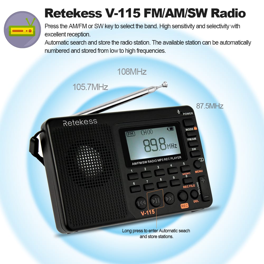 Retekess V-115 FM/AM/SW Radio Multiband Radio Receiver REC