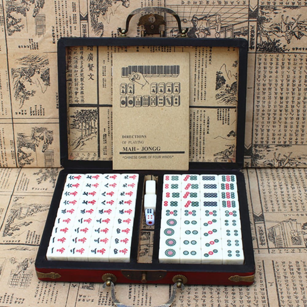 Portable Retro Mahjong Box Mah-Jong Chinese Numbered Mahjong