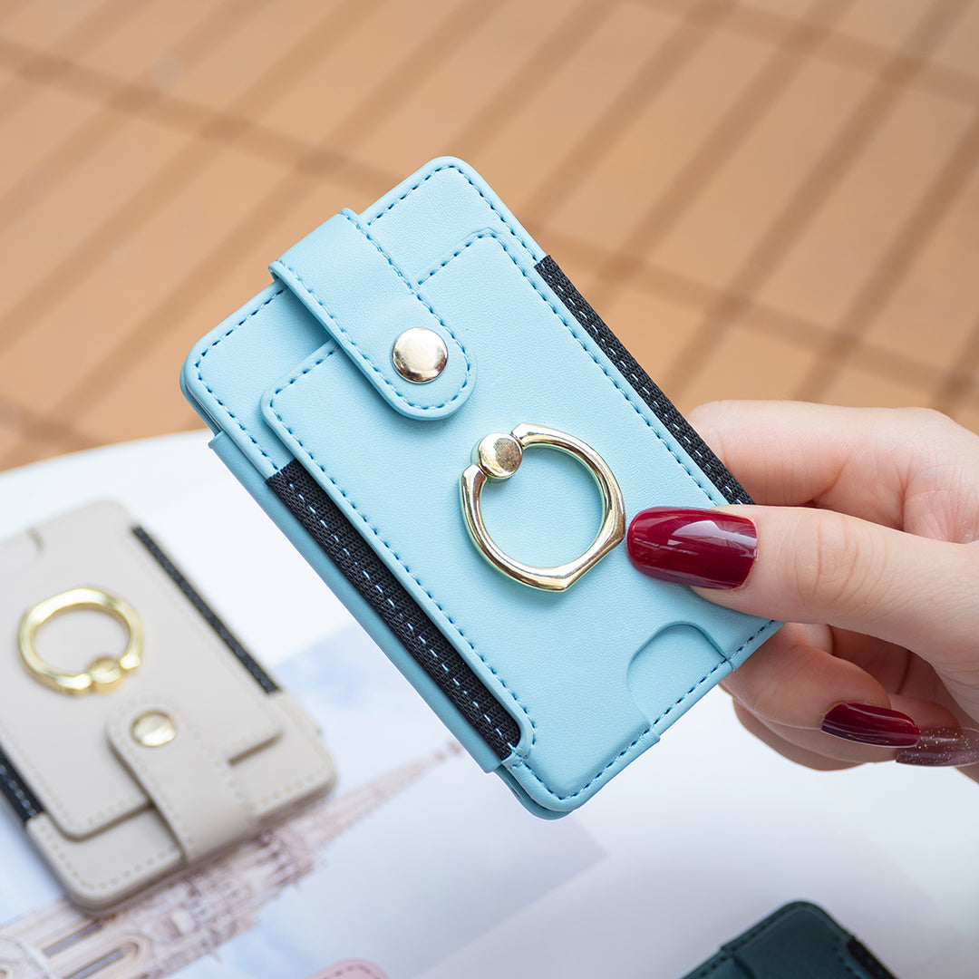 BFK03 Self-adhesive Phone Back Card Holder PU Leather Card Bag with Finger Ring Holder - Blue