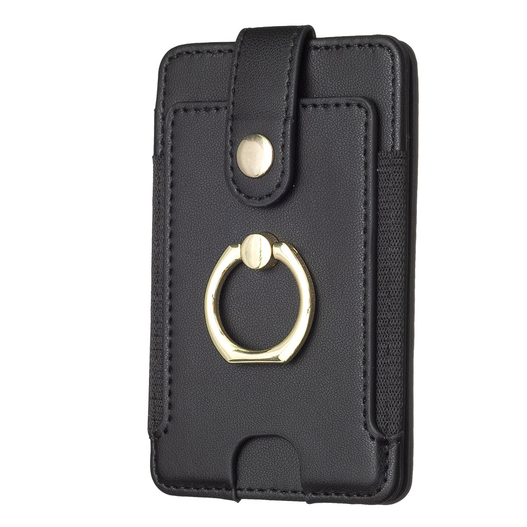 BFK03 Self-adhesive Phone Back Card Holder PU Leather Card Bag with Finger Ring Holder - Black