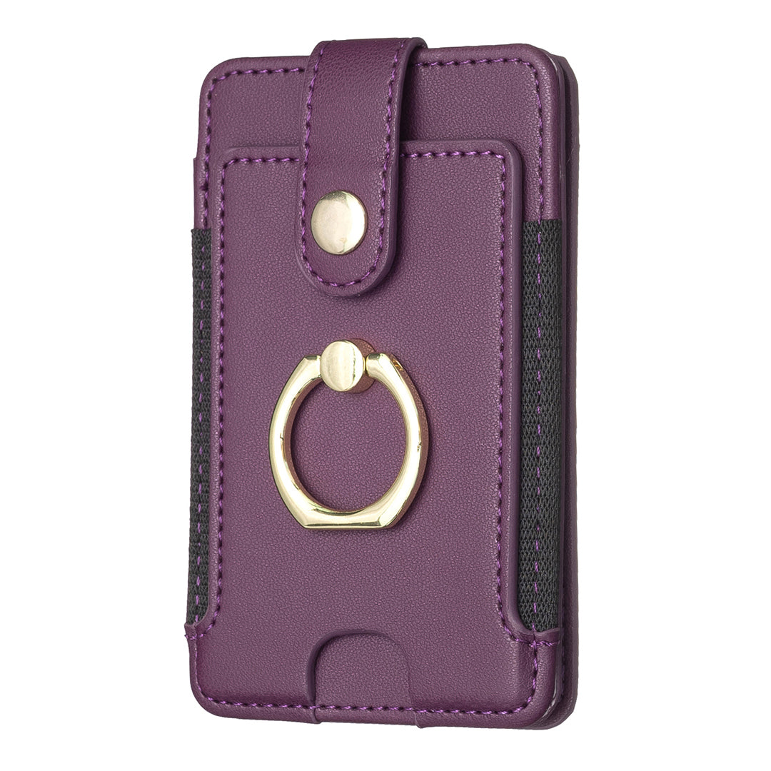 BFK03 Self-adhesive Phone Back Card Holder PU Leather Card Bag with Finger Ring Holder - Dark Purple