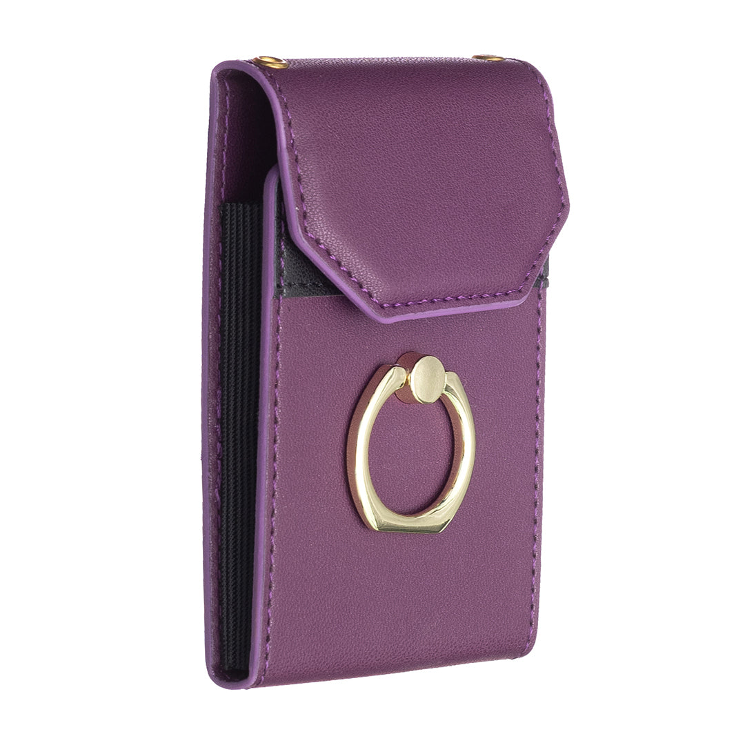 BFK04 Phone Card Holder Stick-on Card Sleeve Pocket Ring Kickstand Leather Pouch for Back of Phone - Dark Purple