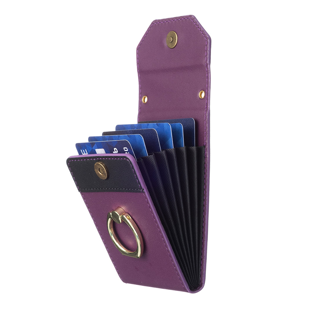 BFK04 Phone Card Holder Stick-on Card Sleeve Pocket Ring Kickstand Leather Pouch for Back of Phone - Dark Purple