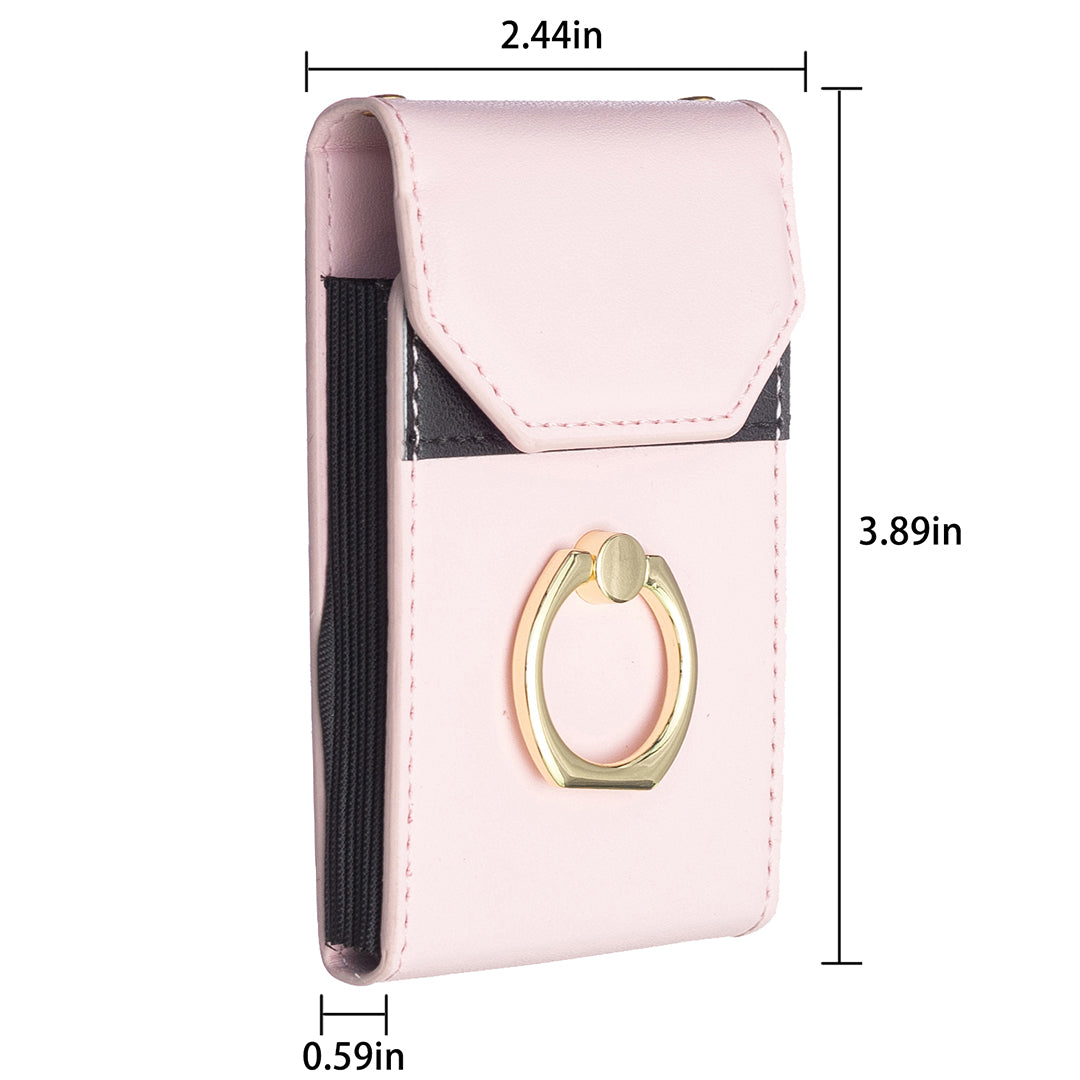 BFK04 Phone Card Holder Stick-on Card Sleeve Pocket Ring Kickstand Leather Pouch for Back of Phone - Pink