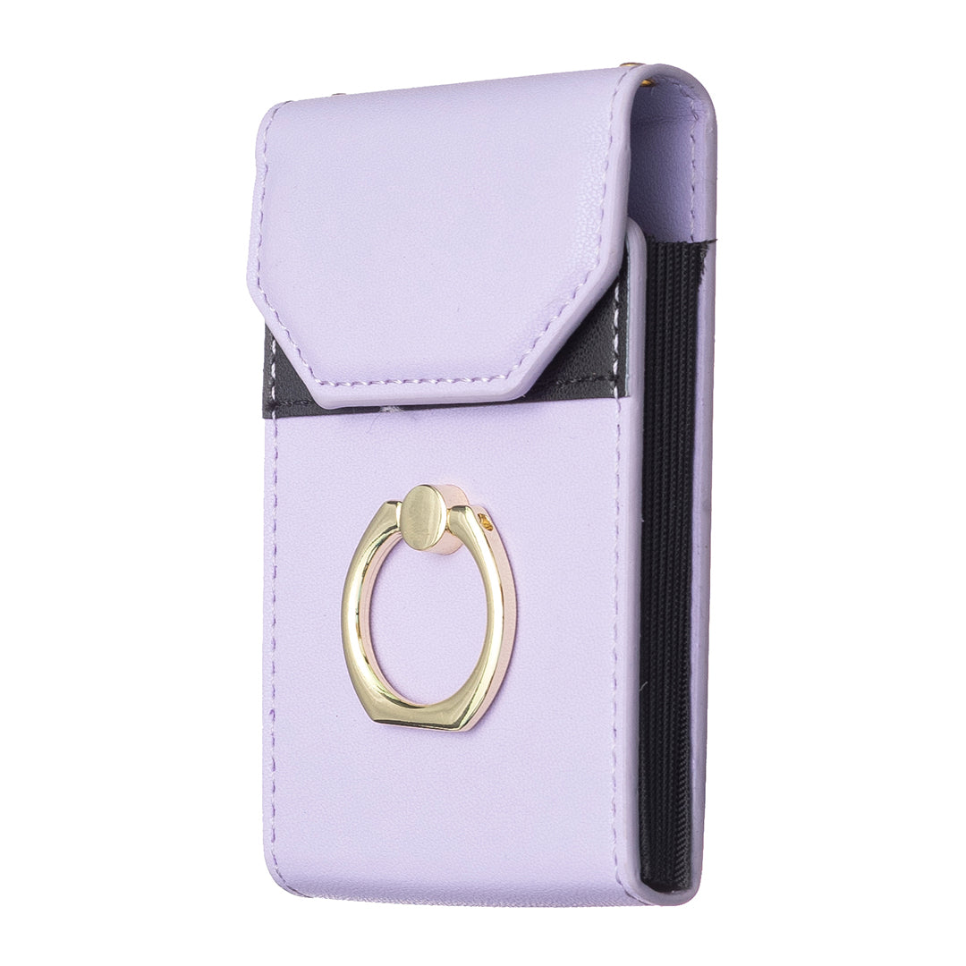 BFK04 Phone Card Holder Stick-on Card Sleeve Pocket Ring Kickstand Leather Pouch for Back of Phone - Purple