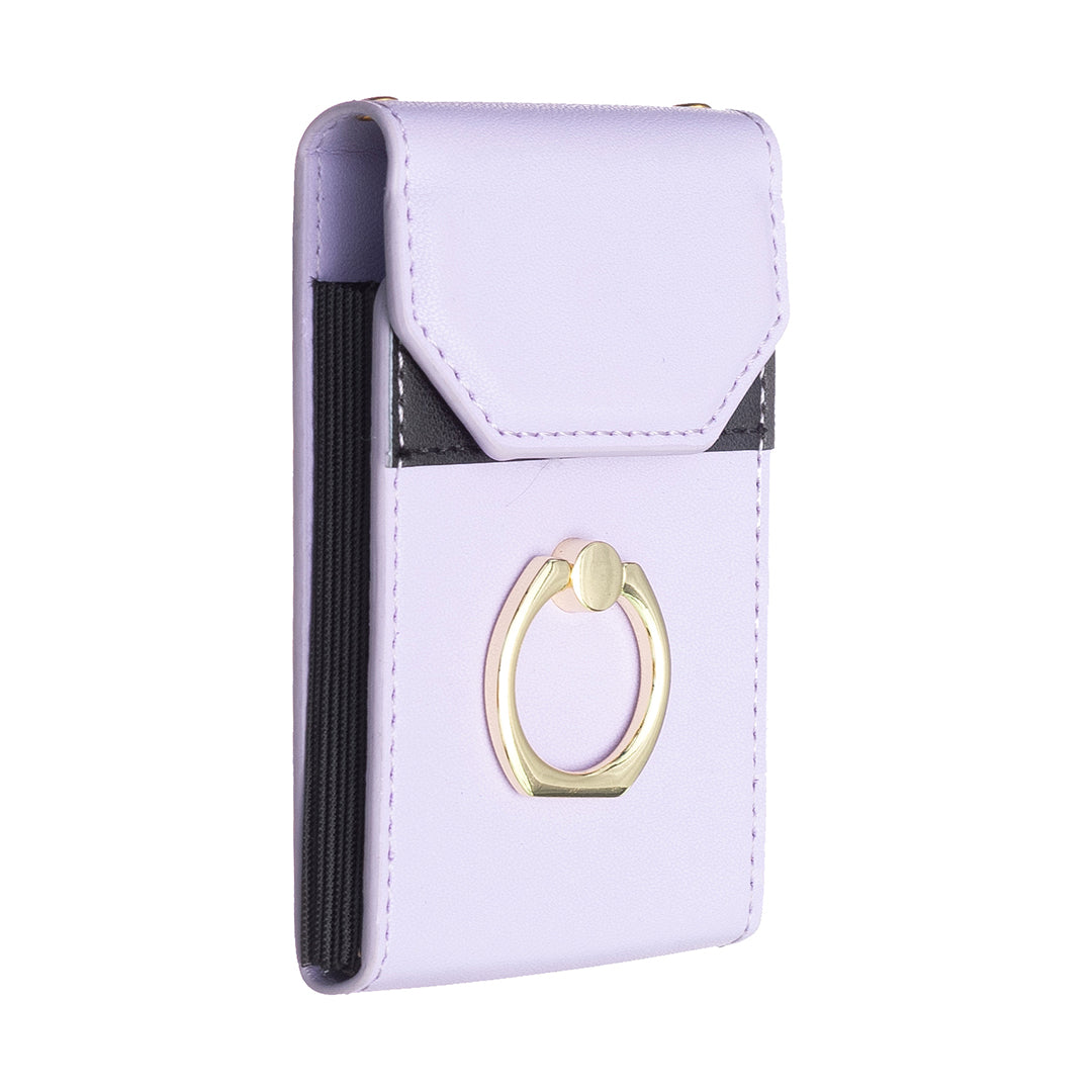 BFK04 Phone Card Holder Stick-on Card Sleeve Pocket Ring Kickstand Leather Pouch for Back of Phone - Purple