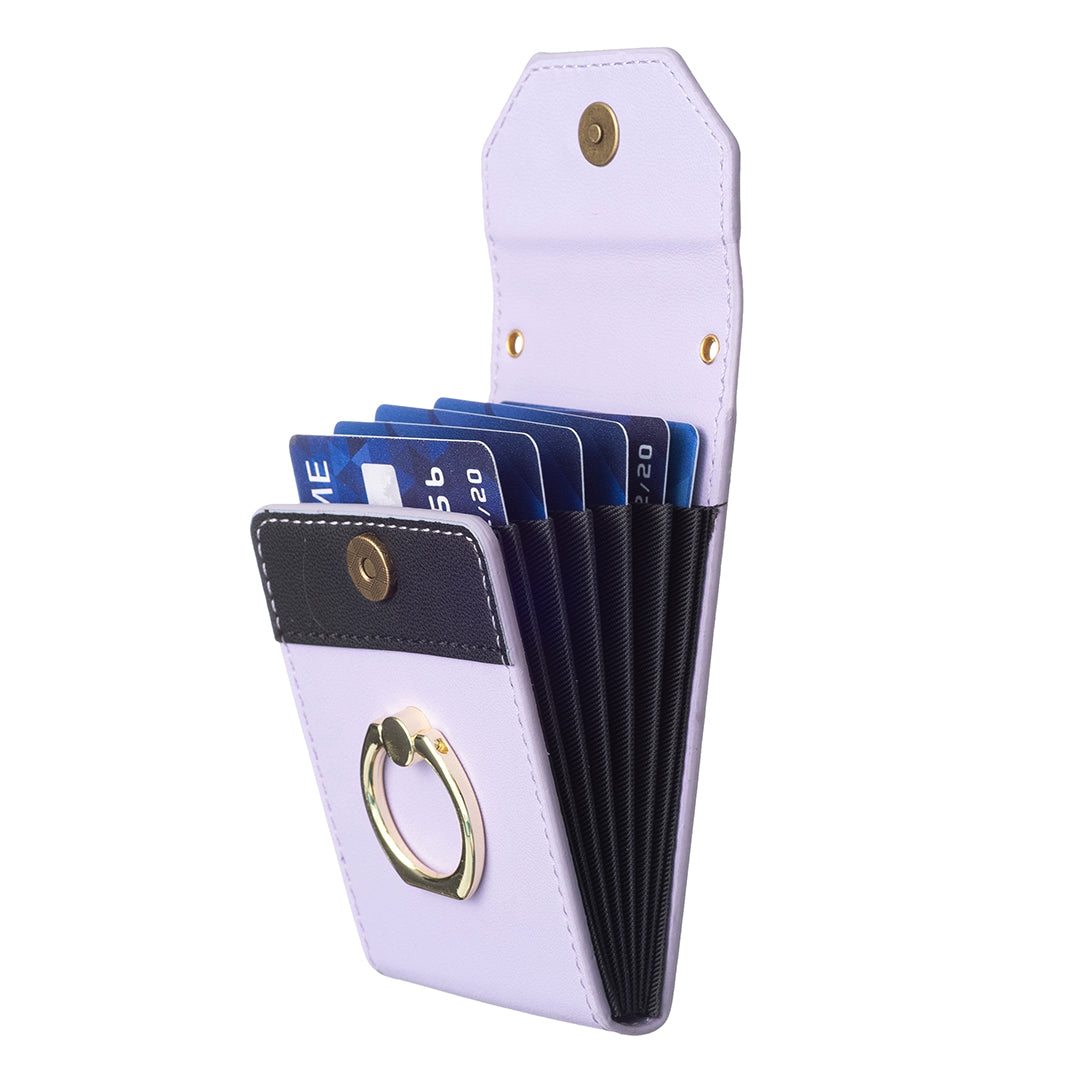 BFK04 Phone Card Holder Stick-on Card Sleeve Pocket Ring Kickstand Leather Pouch for Back of Phone - Purple