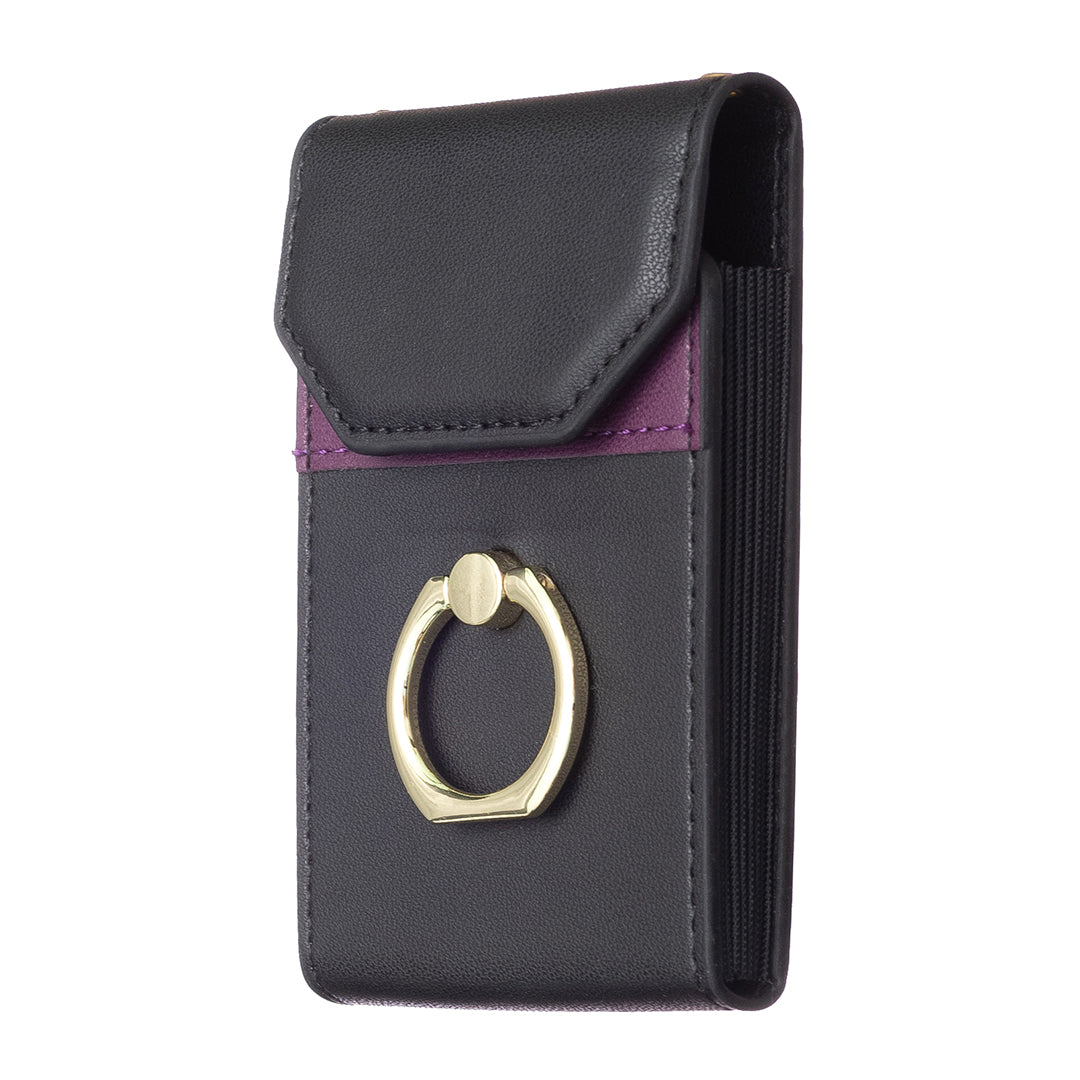 BFK04 Phone Card Holder Stick-on Card Sleeve Pocket Ring Kickstand Leather Pouch for Back of Phone - Black