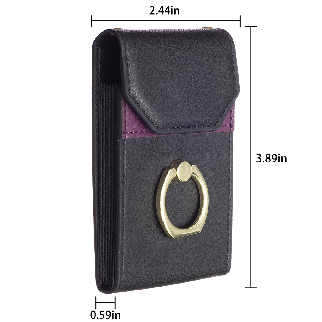 BFK04 Phone Card Holder Stick-on Card Sleeve Pocket Ring Kickstand Leather Pouch for Back of Phone - Black
