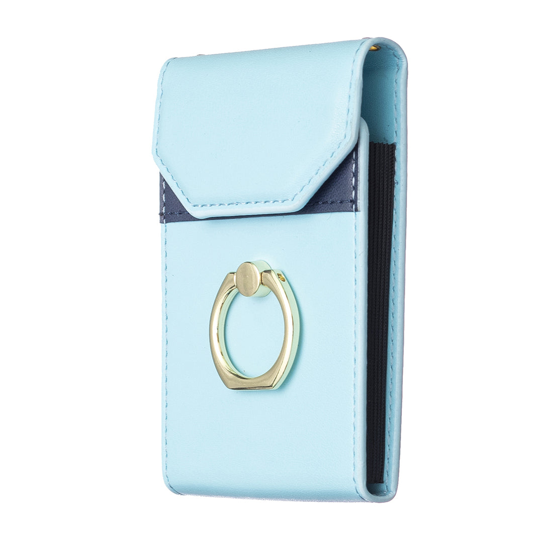 BFK04 Phone Card Holder Stick-on Card Sleeve Pocket Ring Kickstand Leather Pouch for Back of Phone - Blue