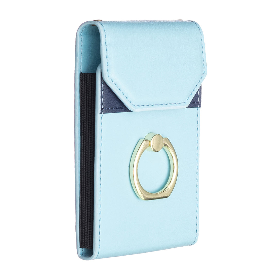 BFK04 Phone Card Holder Stick-on Card Sleeve Pocket Ring Kickstand Leather Pouch for Back of Phone - Blue