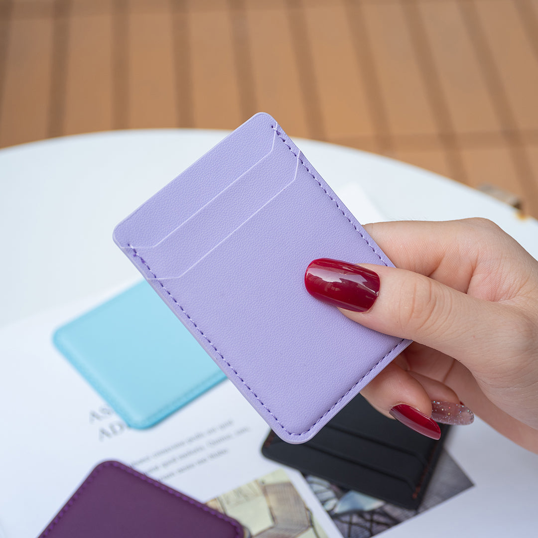 BFK12 Card Holder for Back of Phone Stick-on Credit Card Sleeve Pocket Litchi Leather Phone Pouch - Purple