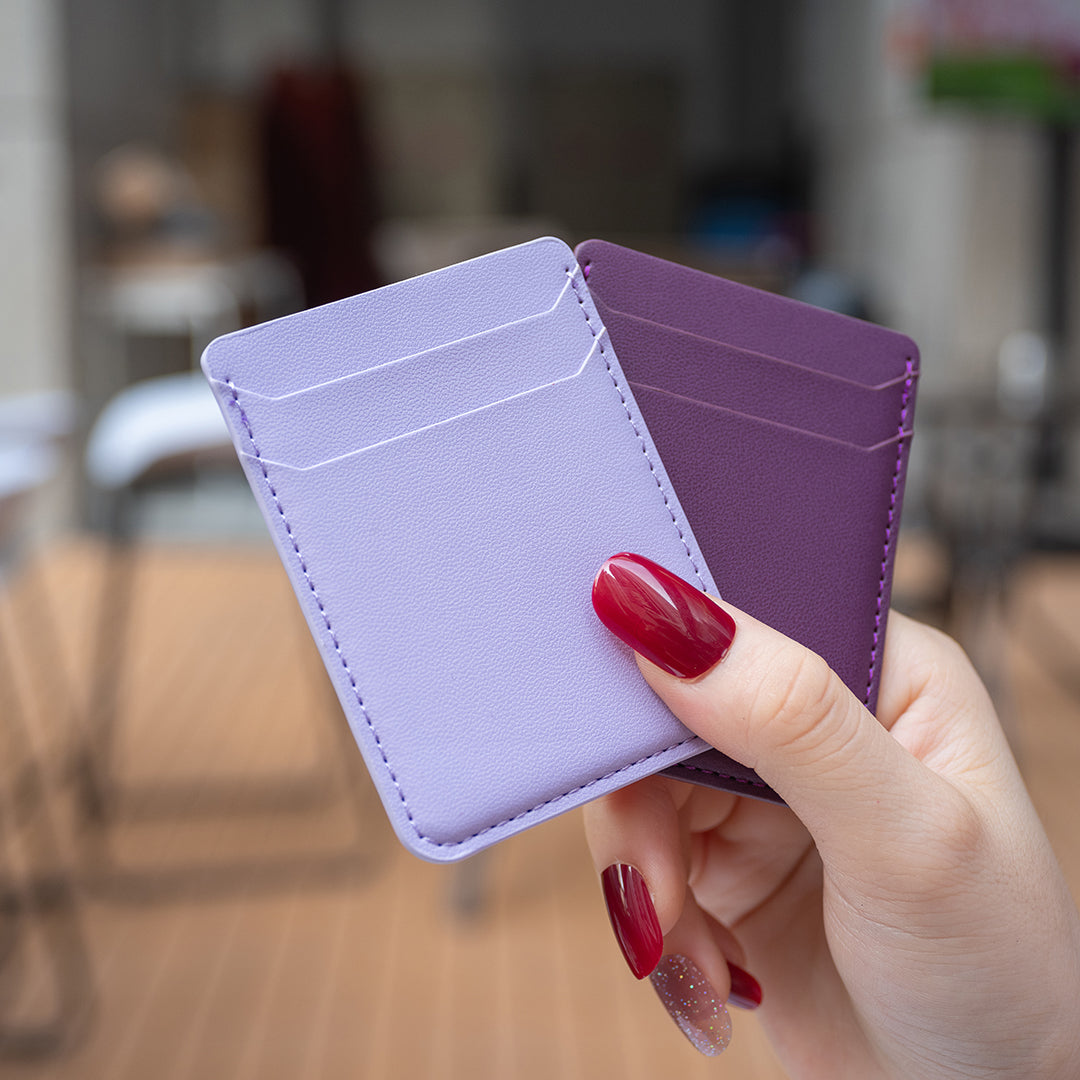 BFK12 Card Holder for Back of Phone Stick-on Credit Card Sleeve Pocket Litchi Leather Phone Pouch - Purple