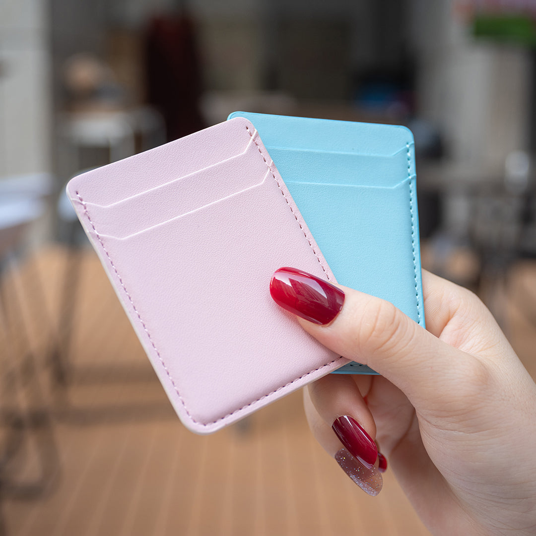 BFK12 Card Holder for Back of Phone Stick-on Credit Card Sleeve Pocket Litchi Leather Phone Pouch - Pink