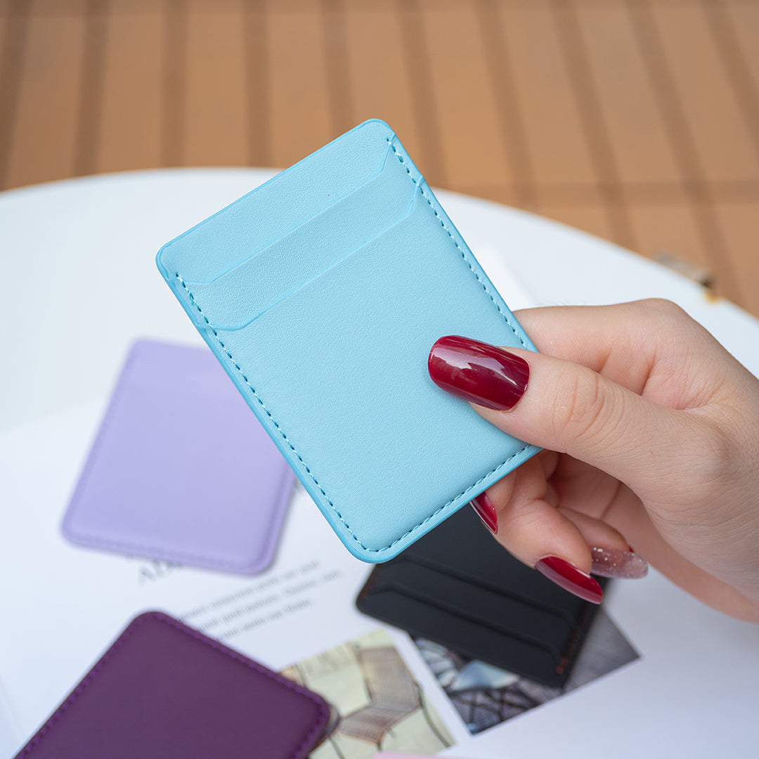 BFK12 Card Holder for Back of Phone Stick-on Credit Card Sleeve Pocket Litchi Leather Phone Pouch - Blue