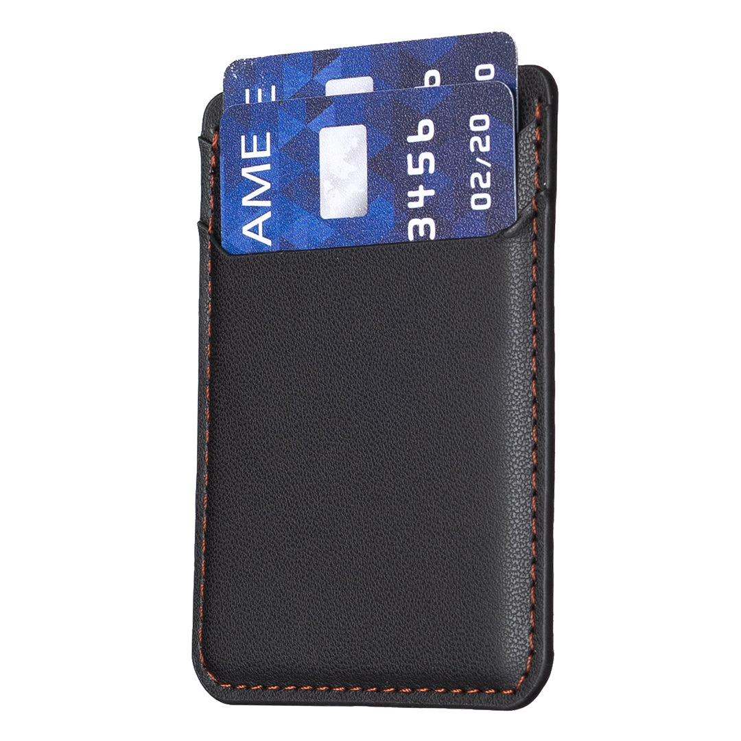 BFK12 Card Holder for Back of Phone Stick-on Credit Card Sleeve Pocket Litchi Leather Phone Pouch - Black