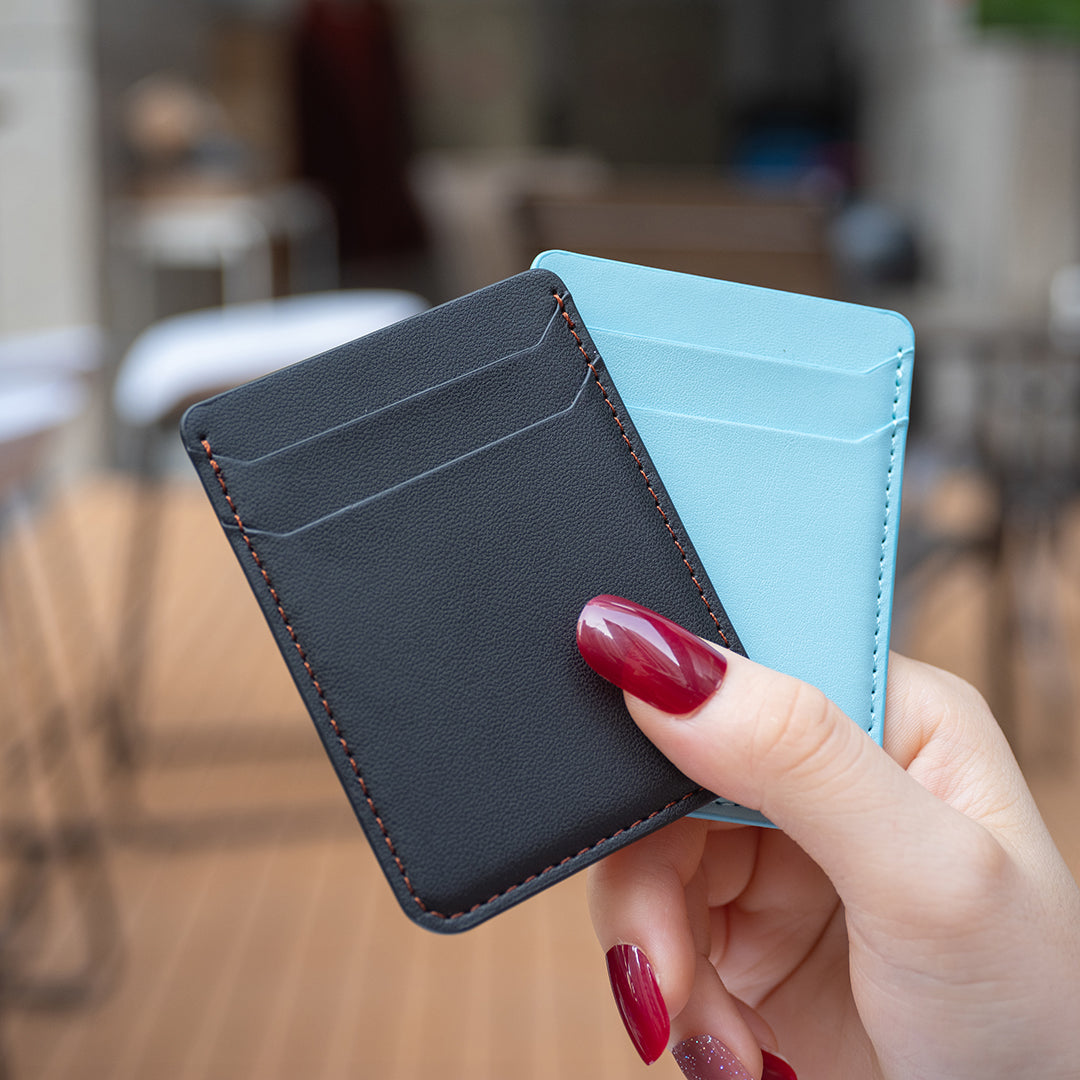 BFK12 Card Holder for Back of Phone Stick-on Credit Card Sleeve Pocket Litchi Leather Phone Pouch - Black