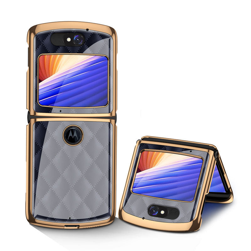 Uniqkart Shockproof Colored Drawing PC + Tempered Glass Phone Cover for Motorola Razr 5G - Dark Blue Diamond Pattern