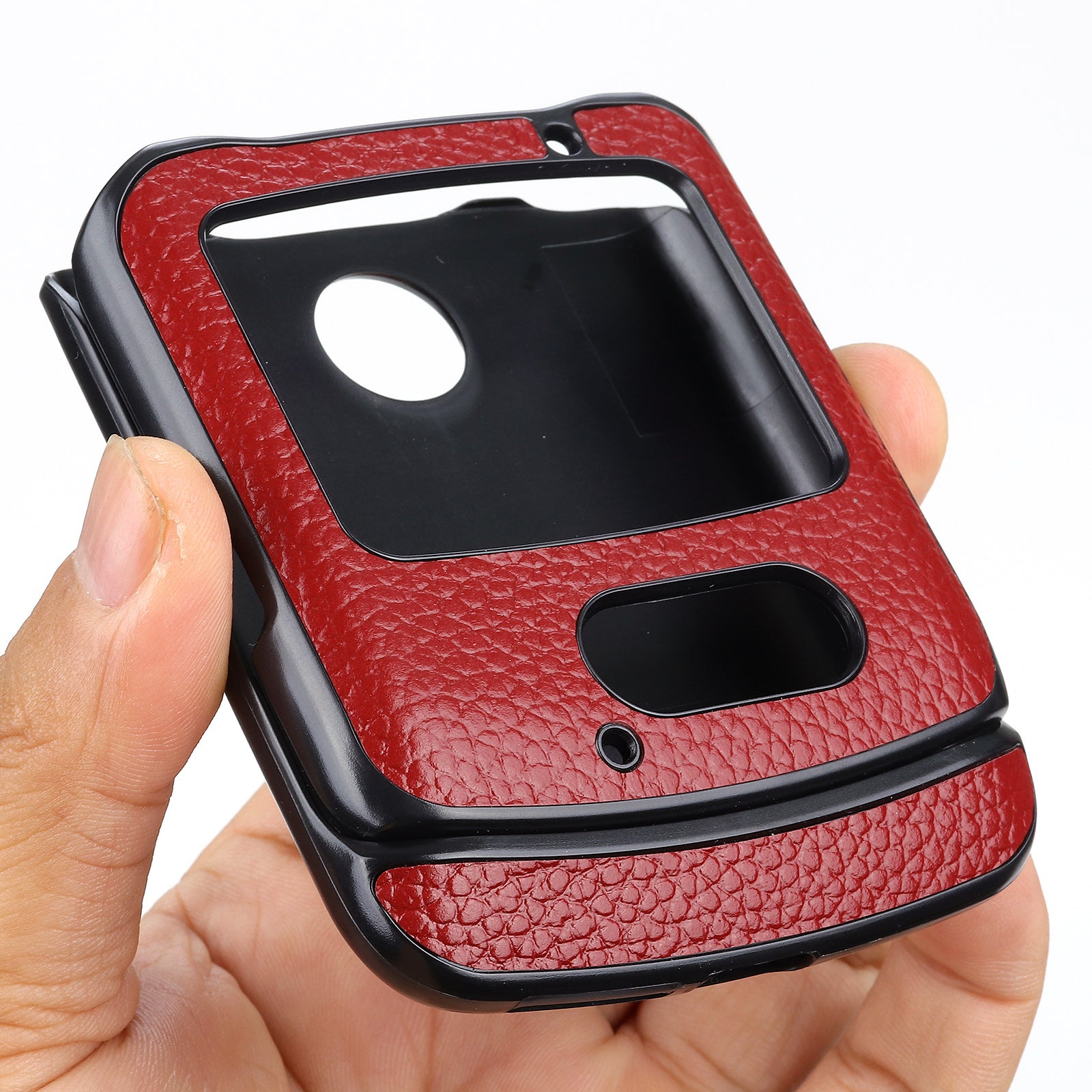 Litchi Skin Genuine Leather Coated PC Hybrid Shell for Motorola Razr 5G - Red