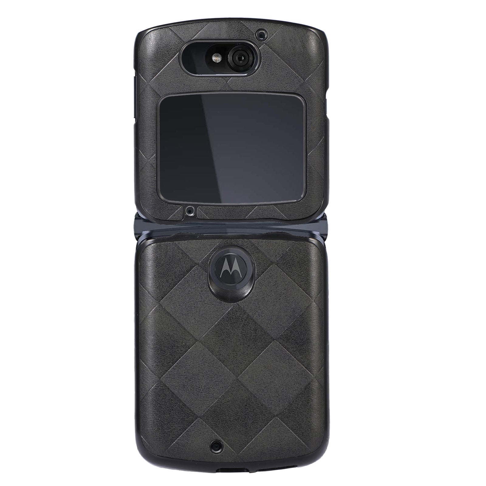 Uniqkart for Motorola Razr 5G Grid Texture PU Leather Coated Phone Case Hard PC + Soft TPU Protective Cover - Black