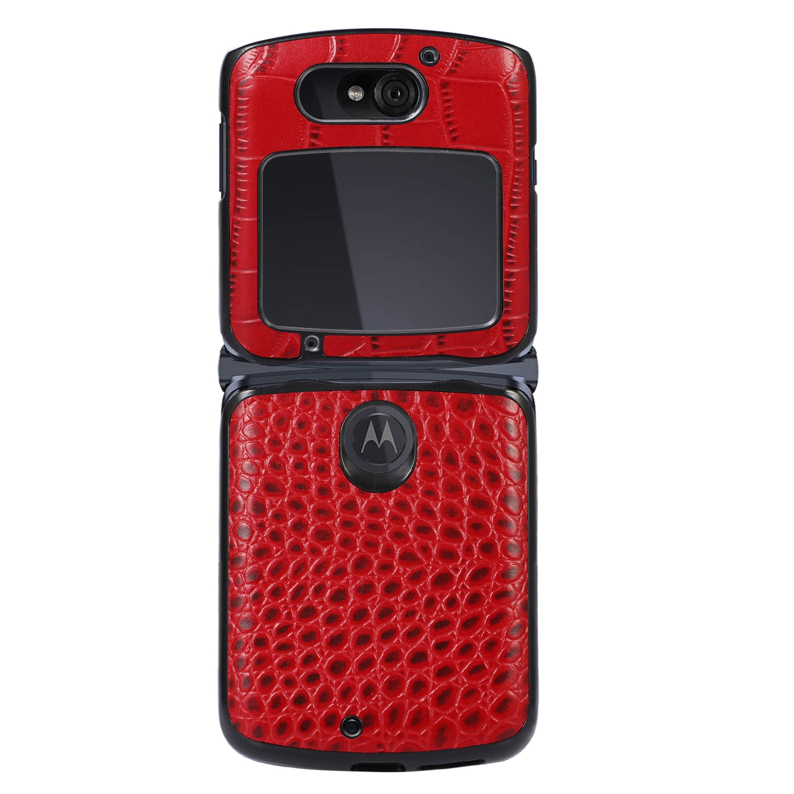 Uniqkart for Motorola Razr 5G Crocodile Texture Genuine Cowhide Leather Coating Phone Case Inner PC + TPU Hybrid Cover - Red